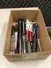 Lot of misc box items-2 torque wrenches, 2 crescent cutters, 2 Husky screwdrivers, 4 inch steel clamp, 7 drill bits,  DH