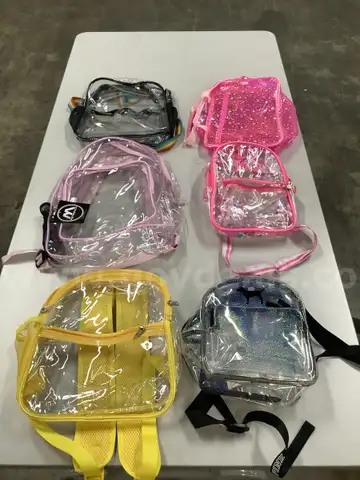 Lot of misc box items-pink I Love Juicy back pack, yellow &#x26; clear back pack, teal pink back pack, &#x22;DH&#x22;