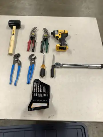 Lot of misc box items-Durablast 51-120 torque wrench, DeWalt drill gun (NO BATTERIES), 10 piece drill bits, mallet &#x22;DH&#x22;