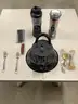 Lot of misc box items-2 blenders, 2 gold cheese knives, cleaver butcher knife, Promaster lid, 2 silver forks, &#x22;DH&#x22;
