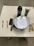 Lot of misc box items-2 blenders, 2 gold cheese knives, cleaver butcher knife, Promaster lid, 2 silver forks, &#x22;DH&#x22;