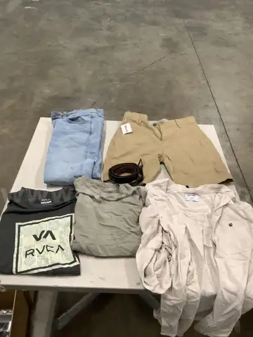 Lot of misc box items-30W x 30L blue jeans, size 30 brown shorts, large RVCA shirt, medium long sleeve dress shirt, &#x22;DH&#x22;