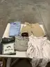 Lot of misc box items-30W x 30L blue jeans, size 30 brown shorts, large RVCA shirt, medium long sleeve dress shirt, &#x22;DH&#x22;