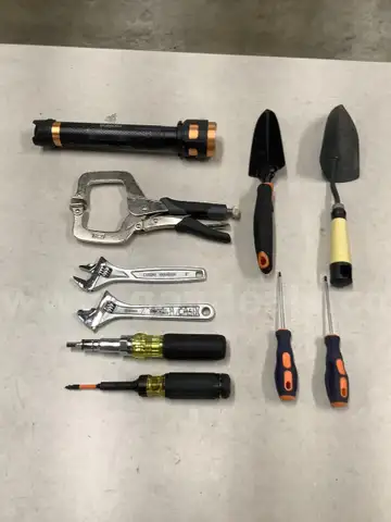 Lot of misc box items-Duracell flashlight (WITH BATTERIES), 2 shovels, locking clamp pliers, 2 Teckman screwdrivers, DH