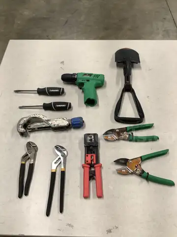 Lot of misc box items-Tegatok cordless drill (NO BATTERIES), 2 Scotts pruning shears, Lenox pulley tool,  &#x22;DH&#x22;