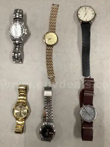 Lot of misc box items-silver Armitron watch, Vinarose watch, gold Orient watch, burgundy Timex watch,  &#x22;DH&#x22;