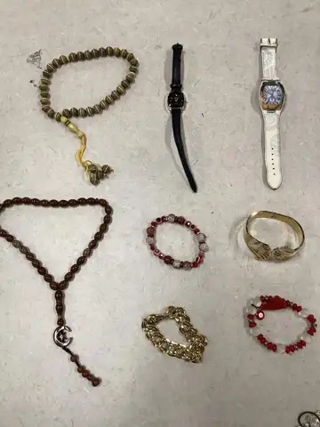Lot of misc box items-black Geneva watch, white Techo Marine watch, brown half moon necklace, red crystal band, &#x22;DH&#x22;