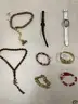 Lot of misc box items-black Geneva watch, white Techo Marine watch, brown half moon necklace, red crystal band, &#x22;DH&#x22;
