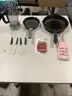 Lot of misc box items-8 inch D&#x26;W pan, 12 inch pan, blender, 6 red paring knives,  &#x22;DH&#x22;