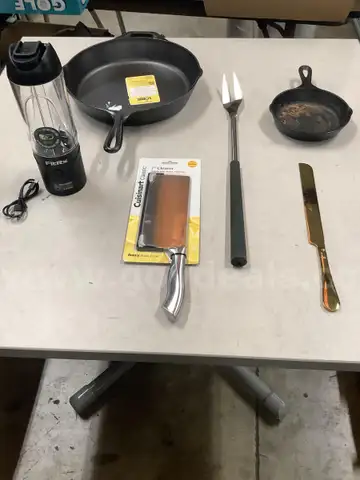 Lot of misc box items-6 1/2 &#x26; 12 inch steel pans, Cuisinart cleaver knife, Fitrx portable blender, prong fork,  &#x22;DH&#x22;