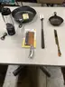 Lot of misc box items-6 1/2 &#x26; 12 inch steel pans, Cuisinart cleaver knife, Fitrx portable blender, prong fork,  &#x22;DH&#x22;