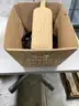 Lot of misc box items-17 1/2 inch Sterling cutting board, 11 inch frying pan, Alaskan knife, silver meat tenderizer,  DH