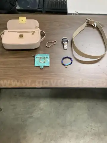 Lot of misc box items-Light tan leather belt, 2 gold earrings, Jones New York watch, snap on purse,  &#x22;DH&#x22;