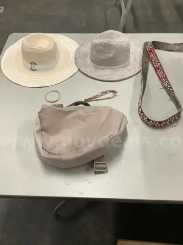 Lot of misc box items-2 hats (NO SIZES TO DETERMINE), red diamond BB Simon belt, gold &#x22;V&#x22; diamond wrist band,  &#x22;DH&#x22;