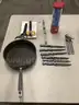 Lot of misc box items-10 inch Anolon pan, 6 Ikea kitchen knives, 2 peelers, red portable blender, silver can opener,  DH