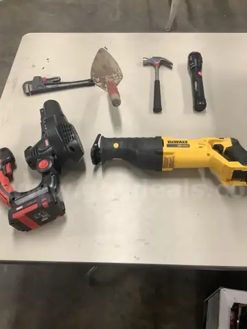 Lot of misc box items-MZK blower (W BATTERIES) DeWalt reciprocating saw (NO BATTERIES), flashlight (W BATTERIES) &#x22;DH&#x22;