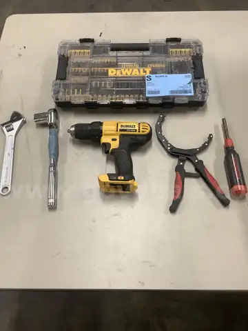 Lot of misc box items-DeWalt drill gun (NO BATTERIES), DeWalt drill bit tool kit, silver &#x22;10 Alloy wrench tool,  &#x22;DH&#x22;