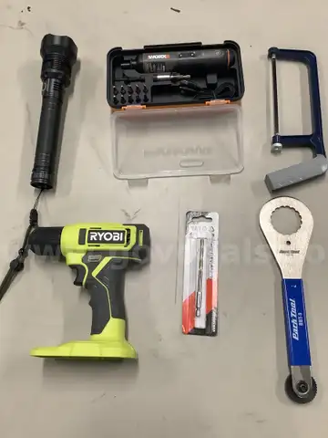 Lot of misc box items-Worx tool kit, flashlight (WITH BATTERIES) Ryobi drill gun (NO BATTERIES, NOR BITS INCLUDED)  &#x22;DH&#x22;