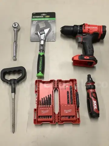 Lot of misc box items-Craftsman drill gun (NO BATTERIES), Skil screwdriver (WITH BATTERIES), 12 steel drill bits,  &#x22;DH&#x22;