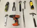 DeWalt Cordless Screwdriver   Ryobia Cordless Screwdriver  Combination Wrench (3)  Pair of Pliers  Tire Air Gauge  Black