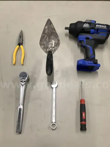 Lot of misc box items-Black &#x26; blue Kobalt drill gun (NO BATTERIES, NOR BITS INCLUDED), silver 5/8 Cr-v wrench tool, &#x22;DH&#x22;