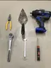 Lot of misc box items-Black &#x26; blue Kobalt drill gun (NO BATTERIES, NOR BITS INCLUDED), silver 5/8 Cr-v wrench tool, &#x22;DH&#x22;