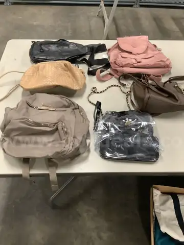 Lot of misc box items-Light brown leather purse, clear black purse, with an attached chain, pink Kipling bag,  &#x22;DH&#x22;