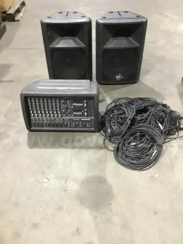Two 18 x 22 EV sound speakers (COMES WITH PLUG IN CORDS) 20 1/2 x 12 Mackie channel mixer  “DH”