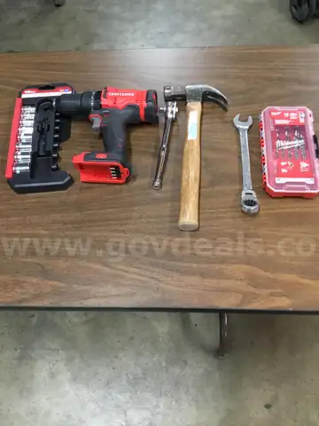 Lot of misc box items-Milwaukee 15 pc gold drill bits, Craftsman cordless drill (BATTERIES) 18mm ratchet wrench  &#x201C;DH&#x201D;