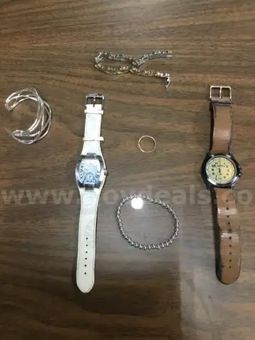 Lot of misc box items-Techno Marine watch, Timex Expedition watch, pink &#x26; silver diamond ring, silver &#x201C;J&#x201D; wrist band  DH
