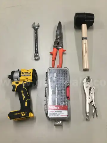 Lot of misc box items-DeWalt compact wrench (NO BATTERY INCLUDED) vise grip tool, light oak Greenworks mallet,  “DH”