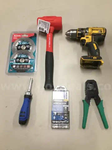 Lot of misc box items-2 Makita diamond blades, DeWalt cordless drill driver (NO BATTERY INCLUDED) 6 pc drill bits  “DH”