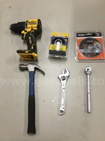 Lot of misc box items-diamond hole saw, DeWalt cordless hammer drill (NO BATTERY, NO BITS INCLUDED) Husky 8” wrench  DH