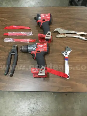 Lot of misc box items-Milwaukee hand tools (NO BATTERY, NOR BITS INCLUDED) red Hychika saw blades, 10R vise grip  “DH”