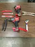 Lot of misc box items-Milwaukee hand tools (NO BATTERY, NOR BITS INCLUDED) red Hychika saw blades, 10R vise grip  “DH”