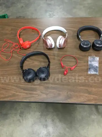 Lot of misc box items-Sony earplugs, JBL headphones, Beats headphones, Zebronics headphones, Aftershokz bluetooth  “DH”