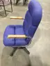 Blue adjustable chair; brown hardwood armrests  “DH”