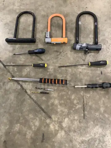 Lot of misc box items-3 bicycle locks-one has a key lock, Bondhus tool, Ikea bit screwdriver, drill bits &#x22;DH&#x22;