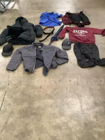 Lot of misc box items-large Stio jacket, small Horace shirt, XL red &#x26; black long sleeve shirt, XL Hollister coat &#x22;DH&#x22;