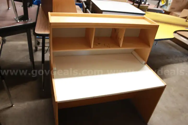 Lot of rolling storing cart and white table with cubies