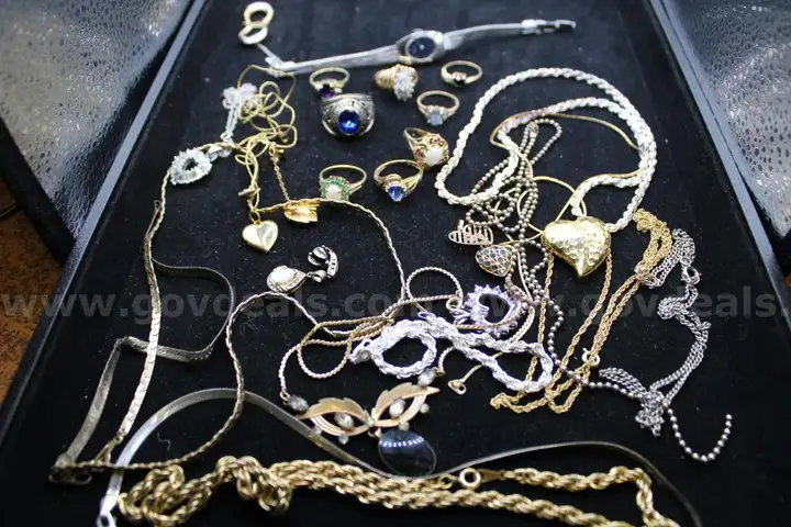 PAIR OF EARRINGS (1), CHARMS (6), WATCH (1), PIN (1), RINGS (8), NECKALACE (1)