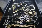 PAIR OF EARRINGS (1), CHARMS (6), WATCH (1), PIN (1), RINGS (8), NECKALACE (1)