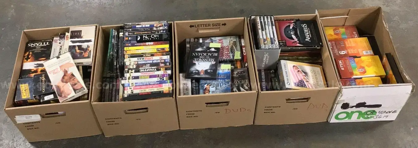 Lot of Approximate (6) Boxes of DVD and VHS Movies - 1 Pallet