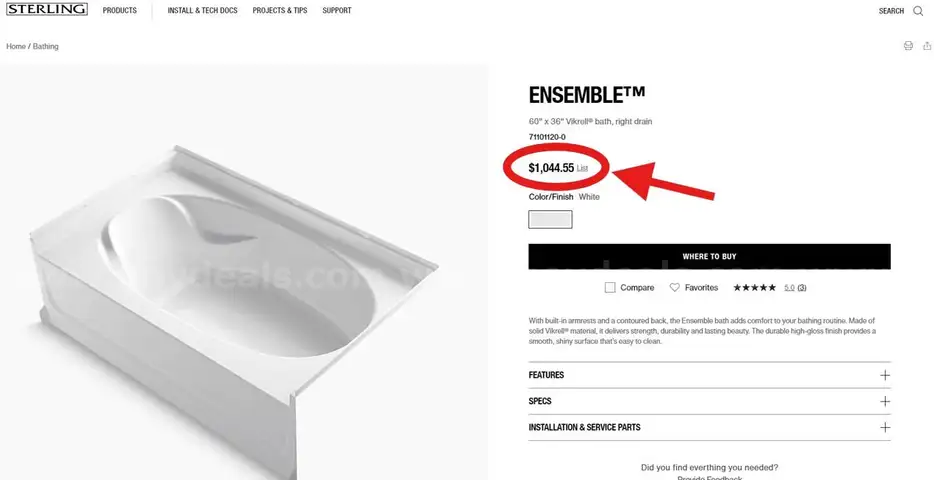 BRAND NEW STERLING Ensemble 36&#x22; Vikrell Soaking Bathtub for Alcove Installations with Right Drain MSRP $1000