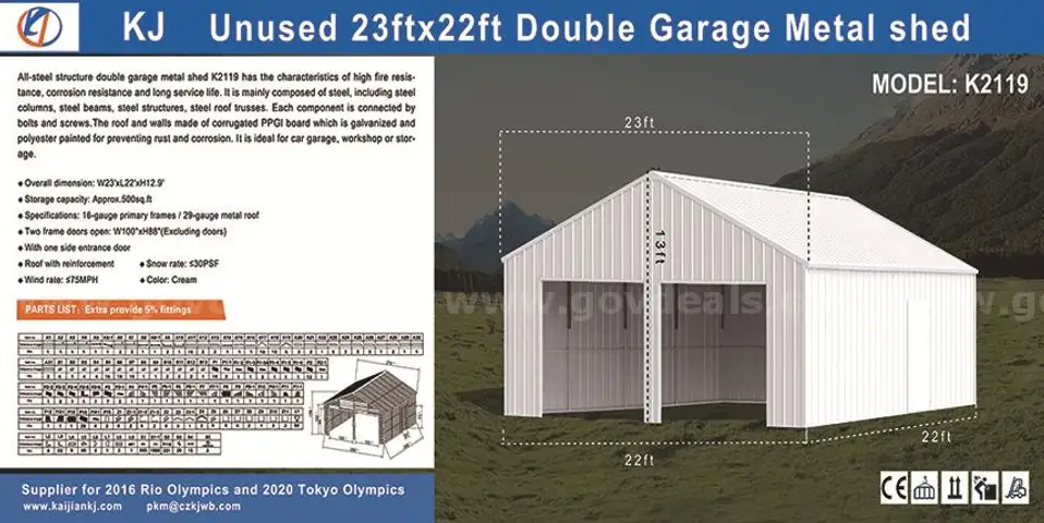NEW  23ft x 22ft Double Car Garage Metal Shed with Side Door  KJ K2119