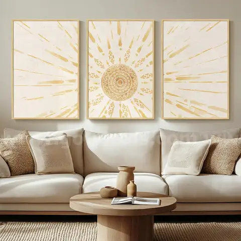 Brand New - Large Framed Boho Sun Abstract 3 Piece Bohemian 24&#x22;x36&#x22; - Shipping Available