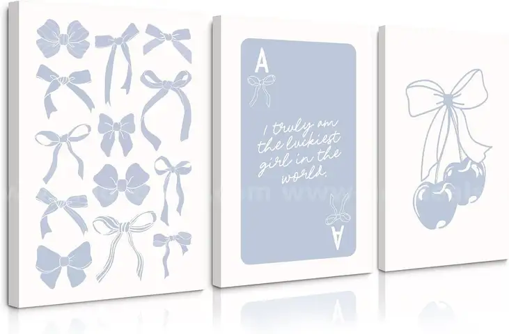 Brand New - Set of 3 Blue Bow Wall Art Decor  16&#x22;x24&#x22; Framed - Shipping Available