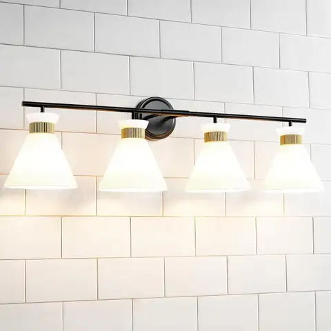 Brand New - 4-Light Modern Vanity Lights for Bathroom  Black and Gold Wall Sconce Lighting with Frosted Milky Glass