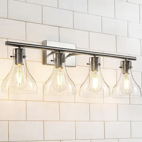 Brand New - Bathroom Vanity Light Fixtures: 4-Light Brushed Nickel Vanity Light with Glass Shade