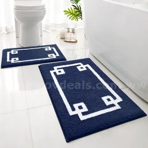 Bathroom Rugs Sets 2 Piece, Soft and Water Absorbent Microfiber Carpet, Navy Blue and White - Shipping Available